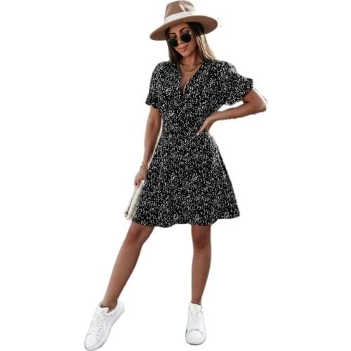 New Design Good Quality Factory Price Fashion Hot Selling Womens Printed Buttons V-Neck Ruffle Sleeve Dress