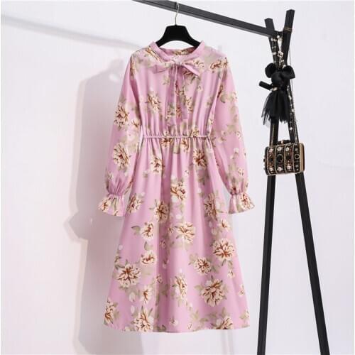 Floral Print Women Autumn Winter Chiffon Dress Bow Collar Long Sleeve Casual Slim Vintage Party Dress Elastic Waist Vestidos