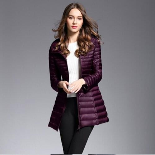 Winter purple/black Long sleeve thin Hooded down jacket series women long coat parkas thickening female warm with pocket outwear