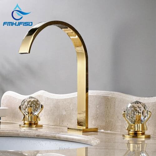 Golden Widespread Brass Bathroom Basin Faucet Dual Crystal Handles Vanity Sink Mixer Tap Hot Cold Bathtub Faucets Deck Mount
