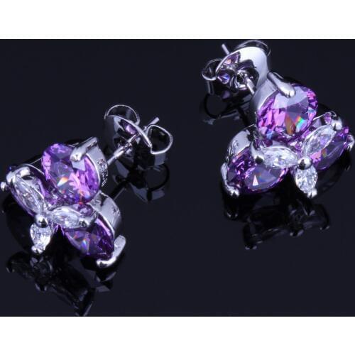 Resplendent Flower Purple Cubic Zirconia White CZ Silver Plated Stud Earrings V0172
