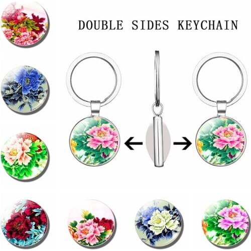 Peony Flower Double Face Keychain Fashion Glass Cabochon Jewelry Key Chains Beautiful Flowers Creative Pendants Keyring Gifts