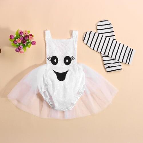Baby Toddler Halloween Bodysuit Suit Cartoon Sequins Patterns Square Neck Sleeveless Mesh Romper Striped Leg Warmer Set