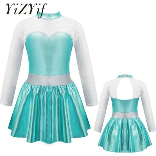 Kids Girls Ballet Dance Dress Dancewear Long Sleeve Hollow Back Lace Bronzing Gymnastic Leotard Fancy Figure Skating Costume