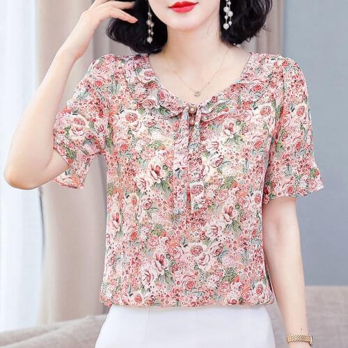 Elegant Women Shirts Short Sleeve V-Neck Temperament Floral Print Blouses Summer Bow-Knot Ladies Blusas Chiffon Tops MM0743