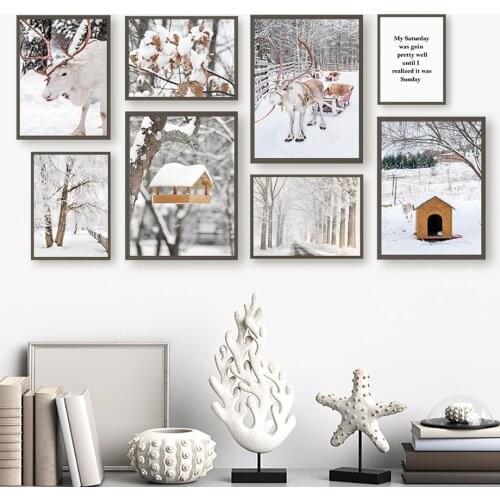 Canvas Painting Nordic Feeder Reindeer White Birch Road Winter Landscape Posters And Prints Wall Art Picture Modern Home Decor