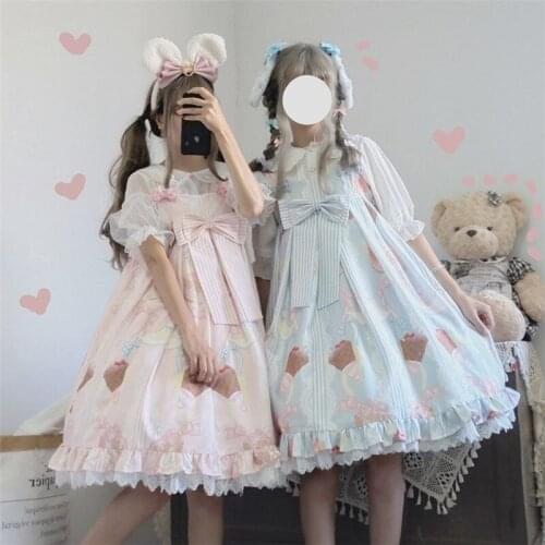 Kawaii Lolita New Jsk Female Dresses Sling Daily Student Summer Blue Pink Fairy Princess Lace Bow Printing Chiffon Cute Sweet