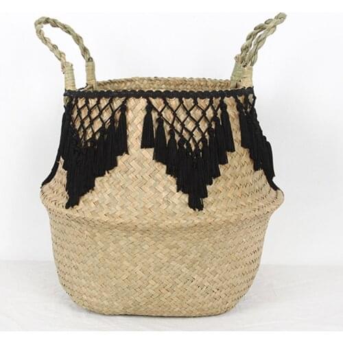 Seagrass Storage Basket Lace Laundry Basket Natural Rattan Flower Basket Straw Toys Organizer Black White