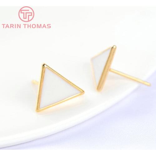 6PCS 10MM 24K Gold Color Plated Brass Triangle with White Oil Stud Earrings High Quality DIY Jewelry Making Findings