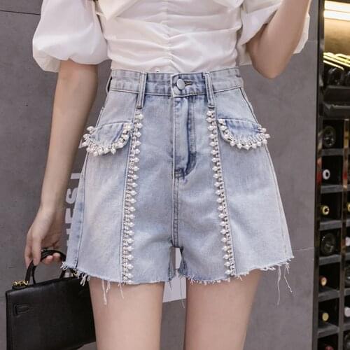 Summer denim shorts women pearl beading fashion short jeans 2021 new high waist wide leg pants female