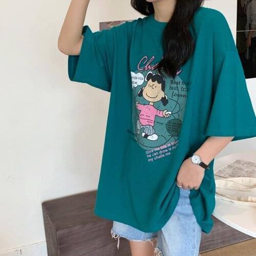 Summer letter cartoon printing loose short-sleeved T-shirt womens bottoming shirt all-match casual top women