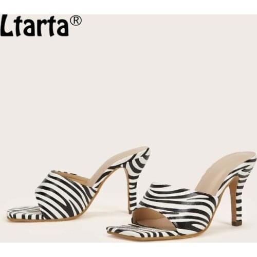 LTARTA 2021 Summer Sexy Zebra Pattern Sandals Low-Cut Square Toe Womens Slippers Stiletto Heel Large Size Womens Shoes