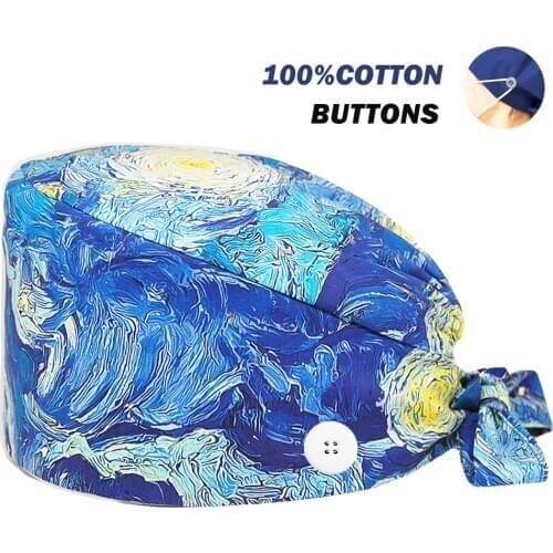 Nurse Scrub Hats Buttons Unisex Sweatband Bandage Nursing Hat Dust Proof Veterinarian Chef Lab Dental Workers Caps for Women Men
