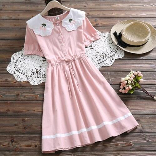 Mori girl cute kawaii solid dress new summer fashion peter pan collar short sleeve embroided floral casual sweet dress