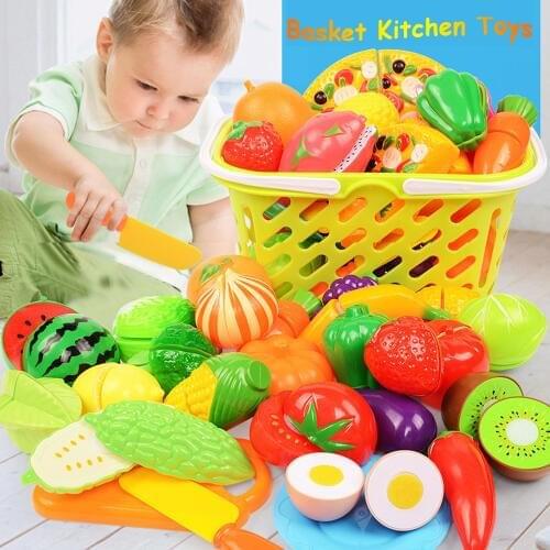 Miniature Food Kitchen Toy Set with Basket Pretend Play Fruits and Vegetables Cutting Toys Educational Toys for Children Girls