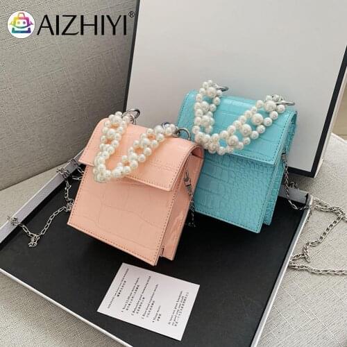 Fashion Women PU Leather Solid Color Alligator Pattern Shoulder Crossbody Messenger Bag Casual Ladies Pearl Chain Mini Handbags
