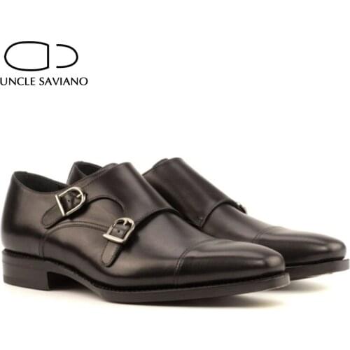 Uncle Saviano Double Monk Black Buckle Strap Mens Shoes Fashion Designer Luxury Genuine Leather Best Handmade Shoes for Men
