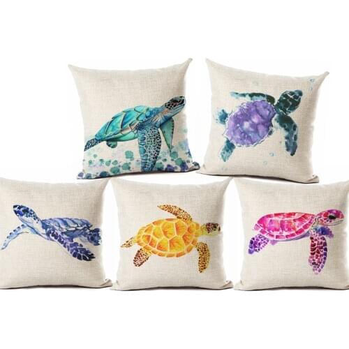 Marinr Ocean Watercolor Sea turtle Throw Pillow Case Cushion Cover Home Decor Printed Linen Square Home Decor Pillowcase 45x45CM
