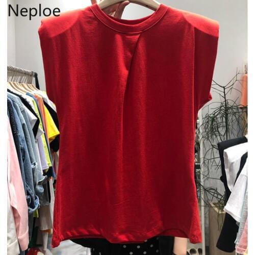 Neploe O Neck Short Sleeve Solid T Shirt Women Cutton Pleated Design Summer New Tees 2021 Loose Wild Ladies Top 49382