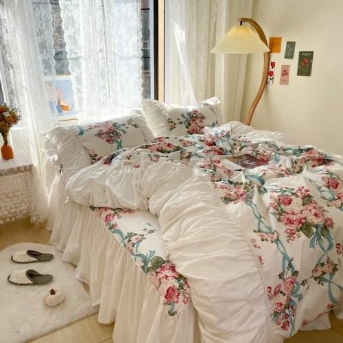New Luxury White Pink Vintage Floral 100% Cotton Princess Bedding Set Single Double Duvet Cover Bed Skirt Bed Sheet Pillowcases