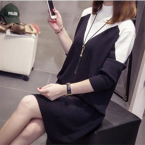 Autumn and Winter Knitwear Pullover Fashion Large Size Hit Colors Sweater Female Loose Long Sleeve Knitting Sweater Dress f2387