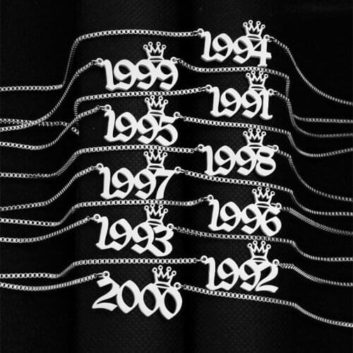 New Stainless Steel Crown Old English Birthday Year Charm Necklaces 1990-2020 Pendant & Choker Box Chain Necklace Women Gifts