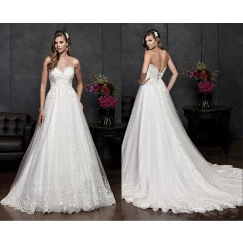 New A-Line Tulle Wedding Dress 2016 Bridal Gown Sweetheart Bridal Wedding Gown Backless Long Chapel Train Appliques White Ivory