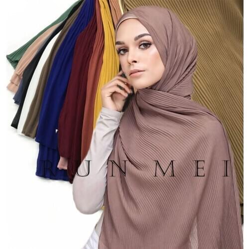 Fashion all-match new pearl chiffon fine lines wrinkle-resistant long scarf Muslim women turban thin monochrome scarf shawl