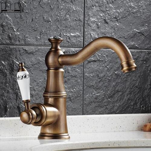 Vidric Bathroom Sink Mixer Tap Antique Bronze Hot Cold Basin Faucets Single Handle Deck Mounted Bath Crane ELF1112A
