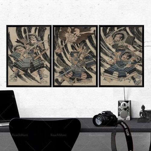 Fight with the devil prints Fight with the devil 3 sets of vintage posters Japanese samurai triptych samurai art battle scene Uk