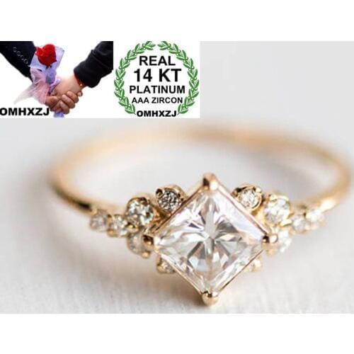 OMHXZJ Wholesale European Fashion Woman Girl Party Wedding Gift Square White AAA Zircon 14KT Yellow Gold Ring RR776