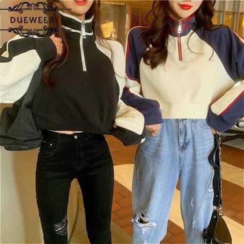 Hoodies Turtleneck Women Patchwork Short Style Zipper Friends Streetwear Harajuku Girls Casual All-match Daily Chic Kpop Ins New