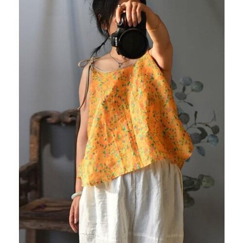 Johnature Women Vintage Ramie Camis Print Floral 2021 Summer New Sleeveless Casual High Quality Women Clothing Loose Camis