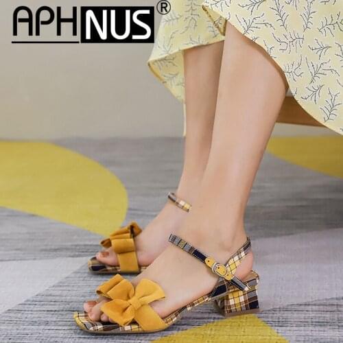 APHNUS Womens Sandals Rough thick Low Mid heels knot bowtie mixed colors Woman Beige Blue 2020 Shoes For Women New