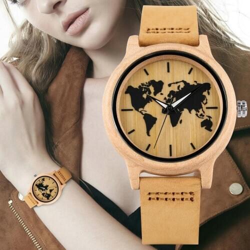 Womens Wooden Watch Leather Strap Wooden Watches Maple World Map Pattern Dial Wristwatch for Ladies Luminous Function