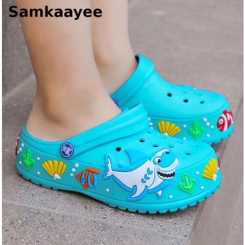 4-18y Kids Mules Clogs Summer Girls Boys Cartoon Shark Sandals Beach Slippers Children Non-Slip Breathable Flat Garden Shoes Y26
