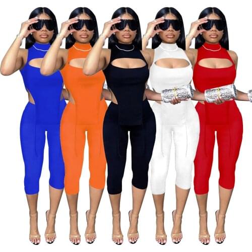 Echoine Summer Solid Hollow Out Two Piece Sets Women Outfits Sleeveless Crop Top and Cropped trousers Beach Matching Outfits