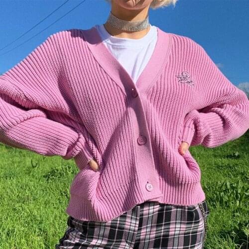 Letter Print Womens Knitted Cardigan Sweater 2021 Autumn V-neck Single Breasted All-match Cardigans Ladies Sweet Fashion Tops