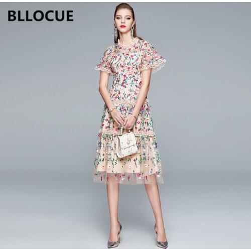 BLLOCUE High Quality Summer Fashion Runway Dress Women Short Sleeve Lace Mesh Ruffles Flowers Embroidery Party Princess Dress