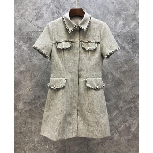 Newest Fashion Tweed Wool Dress 2021 Autumn Winter Women Turn-down Collar Striped Color Block Classic Dress Sexy Above Knee