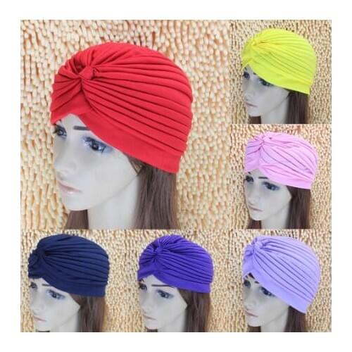 12pcs 2019 Women India Scarf Hat Retro Headband Hijab Muslim Turban Ear Cap Pleated Headwear Bandanas Head Beanies Fold Cap
