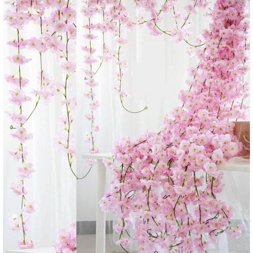 230cm Silk Sakura Cherry Blossom Garland Artificial Flower Rattan Vine For Wedding Arch Birthday Party Hanging Decor DIY Wreath