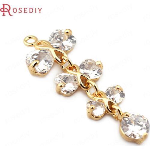 33708-G)4PCS 33x14MM 24K Gold Color Brass Zircon Bow-knot Pendants Earrings Charms High Quality Jewelry Findings Accessories