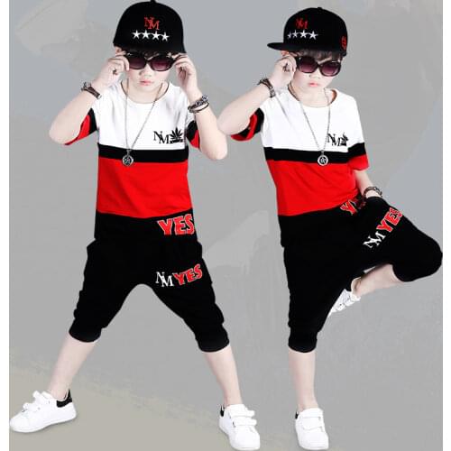 2021 New Summer Boys Clothes Hip Hop Dancing Children Outfits Kids Cotton T Shirt + Pants Tracksuit Baby 5 6 7 8 9 10 11 12 year