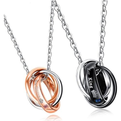 Her King His Queen Couple Necklace Three Circle Pendant Women Men Necklaces Anniversary Jewelry Gift Stainless Steel