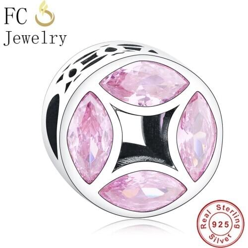 FC Jewelry Fit Original Brand Charm Bracelet 925 Sterling Silver Evil Eye Shape Pink Natural Zircon Stone Bead Making Berloque