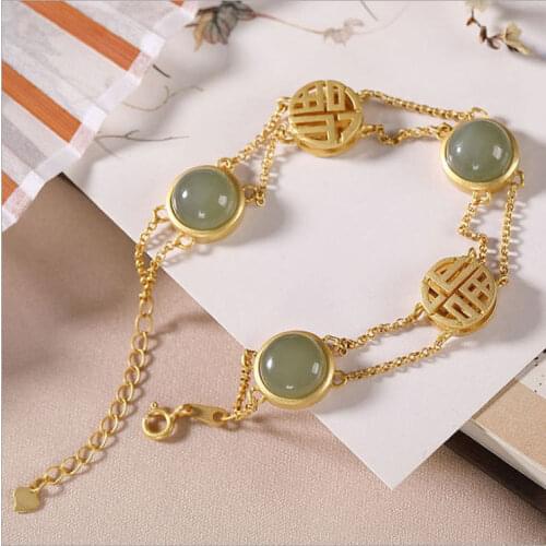 Natural Hetian Chalcedony Double Inlaid Bracelet Classical Elegant Gold Lightweight Luxury Charm Female Jewelry