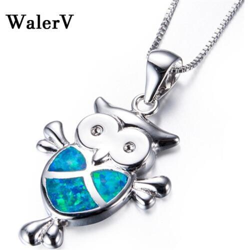 WalerV2018 New High Quality Lovely Owl Pendant Necklace Imitation Blue Fire Opal Stone Long Chain Necklace For Women Girl Gift