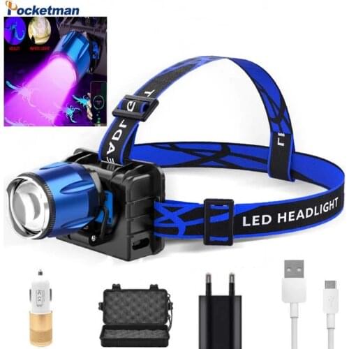 2021 NEW 8000LM UV LED Purple Headlamp 395nm Battery built-in USB Charger Sensor Headlight Torch Head Catching Scorption Torch