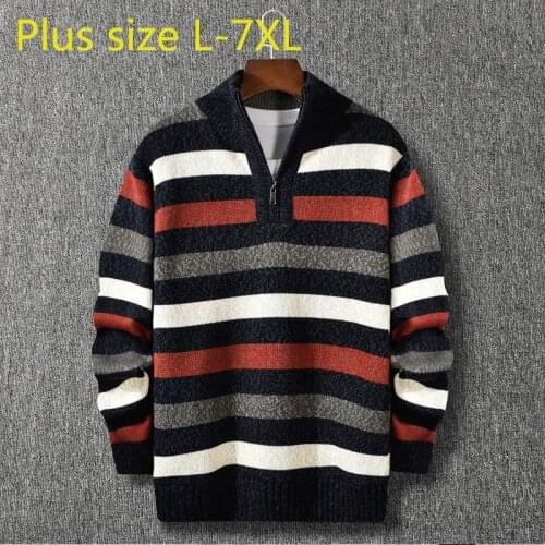 New Arrival Stand Collar Stripe Plush Men Zipper Turtleneck Computer Knitted Autumn And Winter Thick Pullovers Plus Size L-6XL